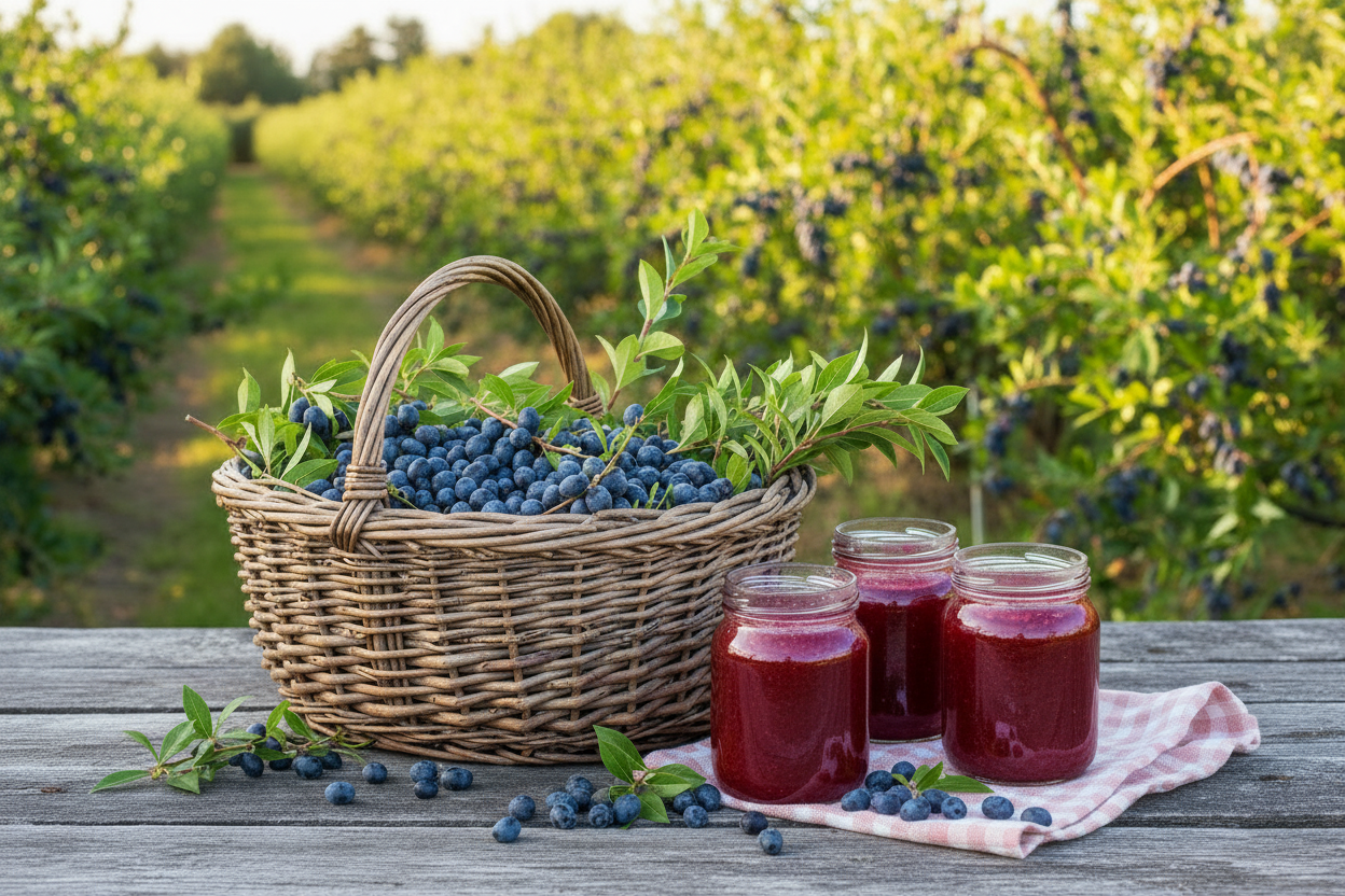 Harvest basket with unlabeled jam jars in haskap orchard