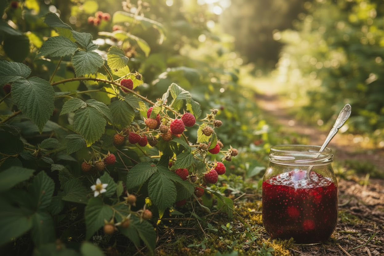 Wild raspberries on the vine with jam jar